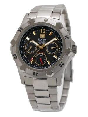 Elgin Wrist Watch Day Date Solar Drive Titanium Men'S Quartz Silver Fk1424ti-b