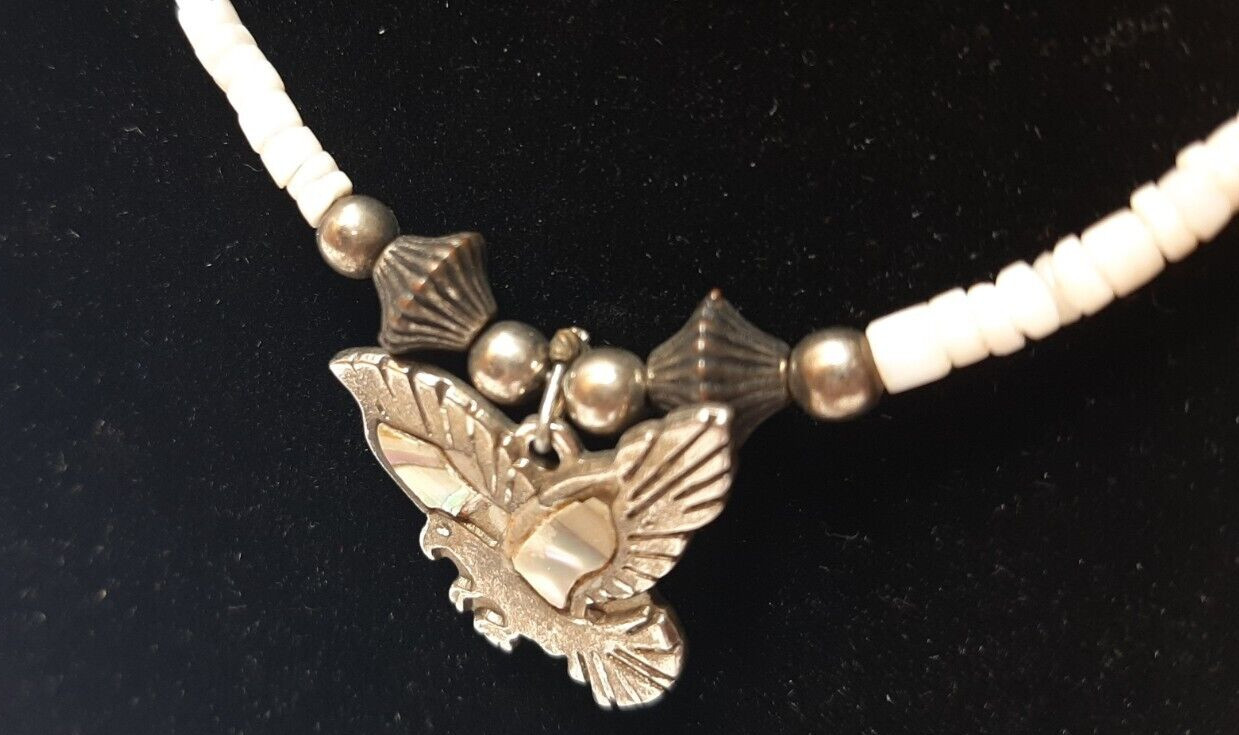 Vintage Native American Beads & Shell Eagle Inlay Necklace, Silver Tone