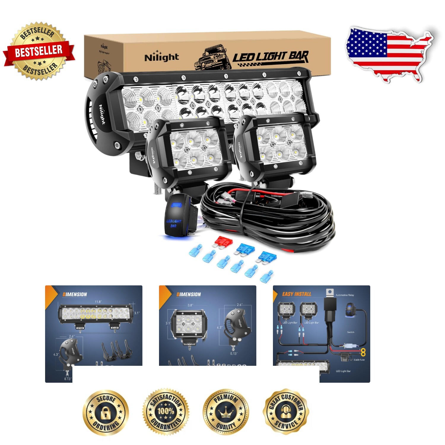 Bright 72W LED Light Bar with 2PCS 18W Flood Pods - Off-Road Lighting Solution