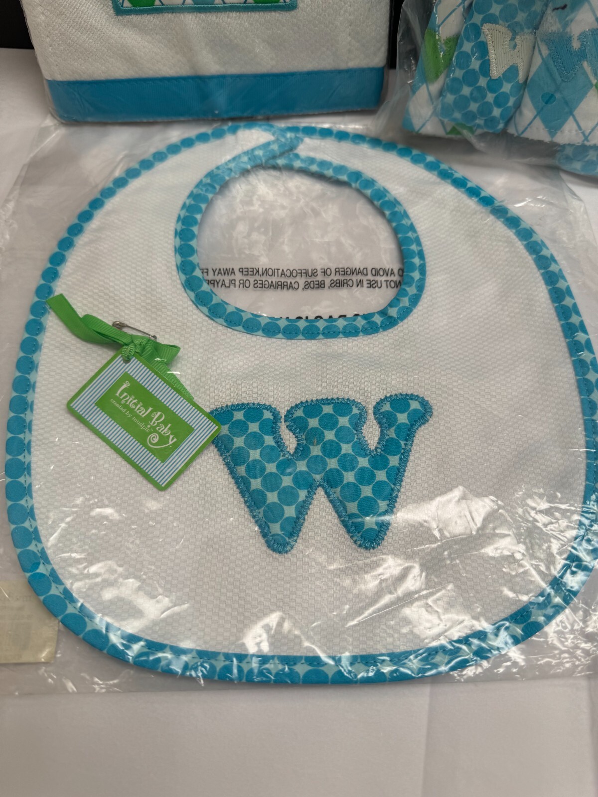 Mudpie Initial "W" Baby Bib Burp Cloth Washcloth SET ARGYLE Blue White Preppy