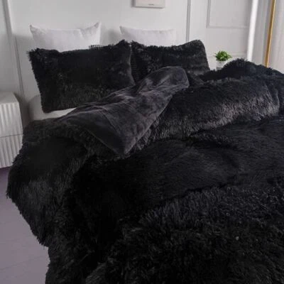 QUALITY NEW! ~ MODERN ULTRA SOFT & PLUSH FLUFFY FUR BLACK SHAGGY LUXURY COMFORTER SET