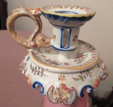 antique handmade Rouen Cornucopia French majolica porcelain candle stick holder