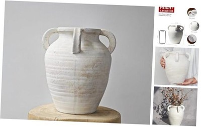 Rustic White Ceramic Vintage Farmhouse Vase with 4 Handles, 9.7 Inch Clay 