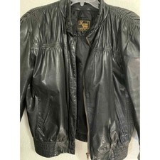 Vintage 80s Ann Tjian Kenar Leather Jacket Black Puffy Ruched Shoulder Metal