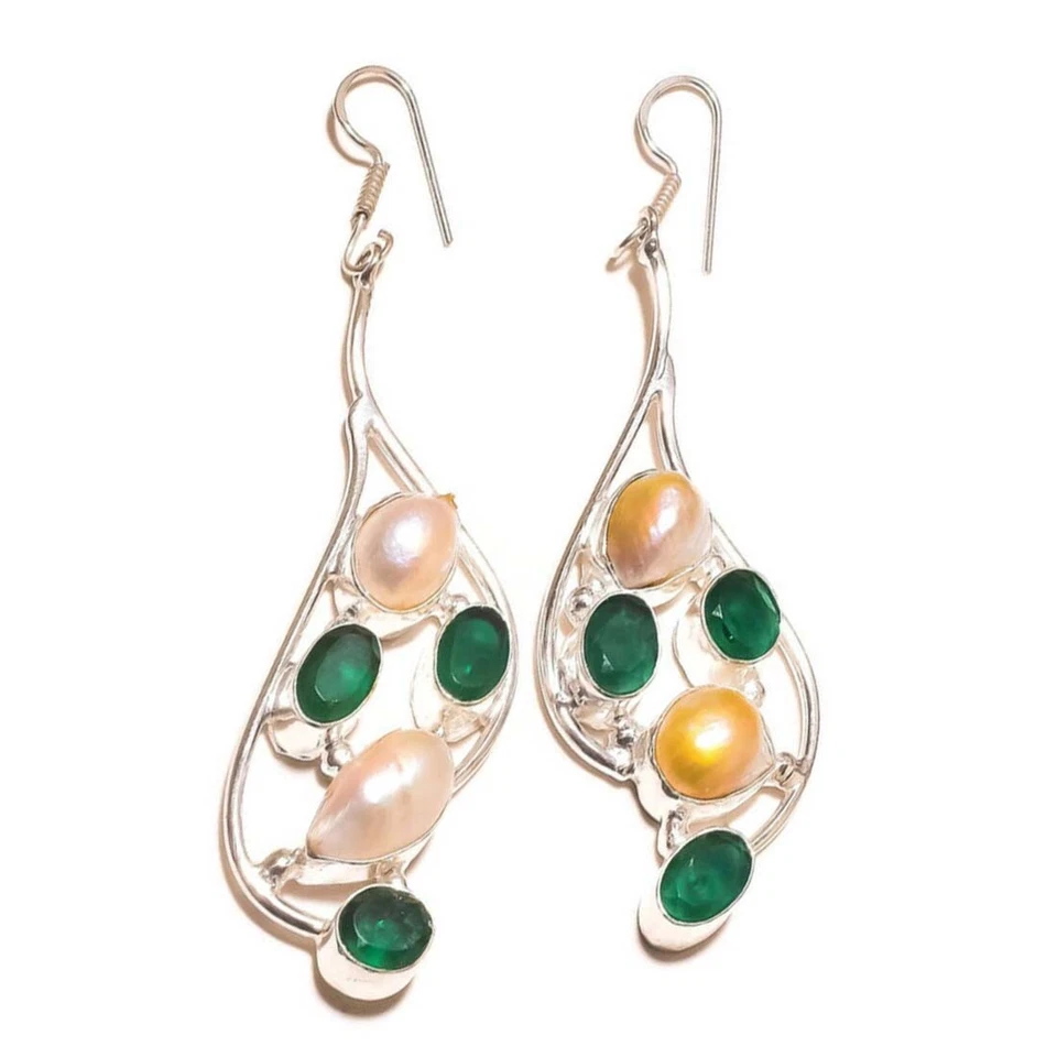 Russian Green Onyx & Biwa Pearl Gemstone Silver Overlay Handmade Dangle Earrings - Image 2 of 3
