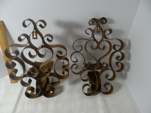 Metal Decorative Wall Sconces Pillar Candle Scroll Design Set of 2 Rustic - Picture 6 of 12
