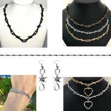 Barbed Wire Thorns Chain Choker Jewelry Necklace Punk Bracelet Earrings Ring