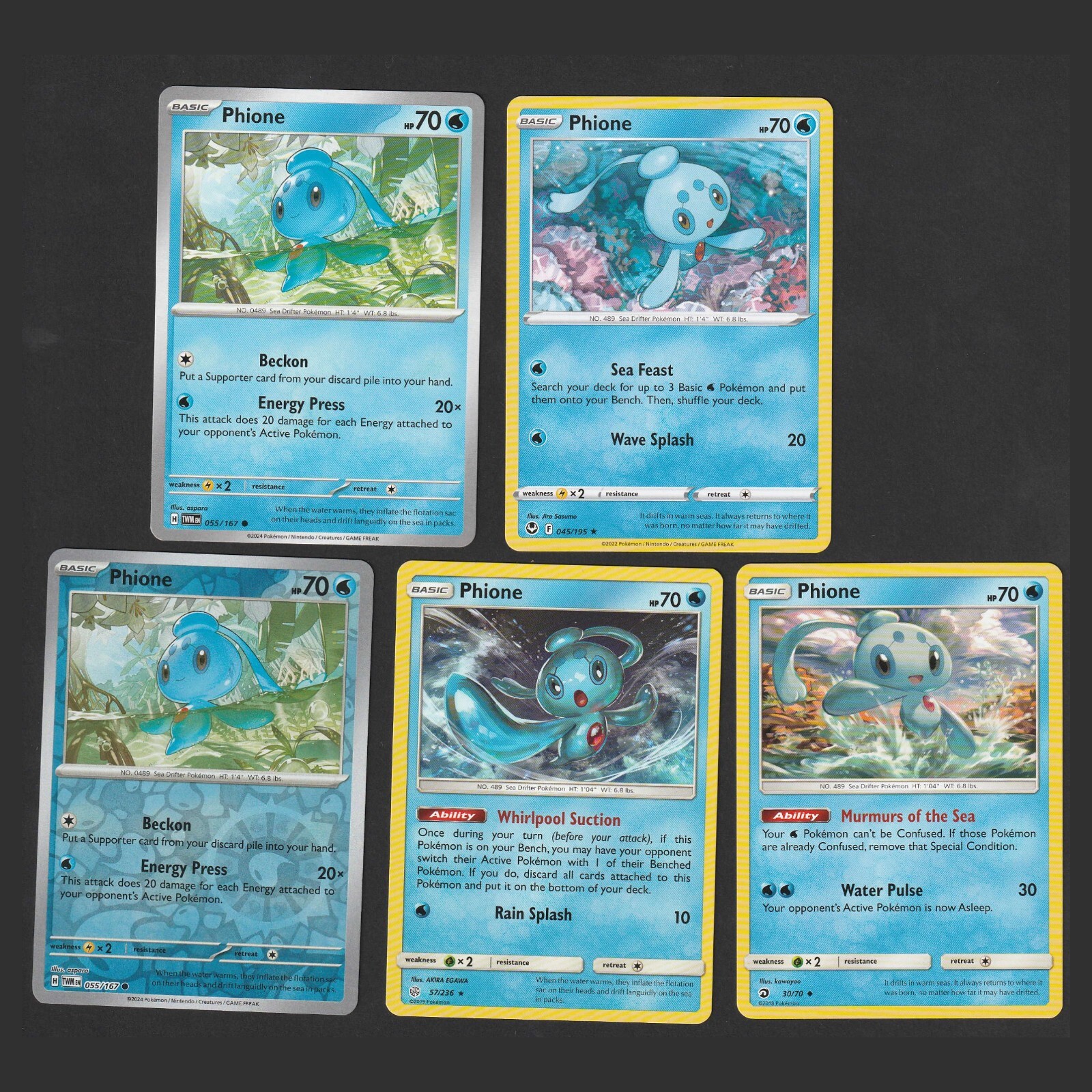 Phione Pokemon Card Collection Set of 5 English Cards Reverse Holo Water Type