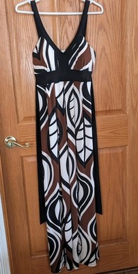 NWT Bisou Bisou  Maxi Sun Dress Size M Brown Black Cream Built-in Bra