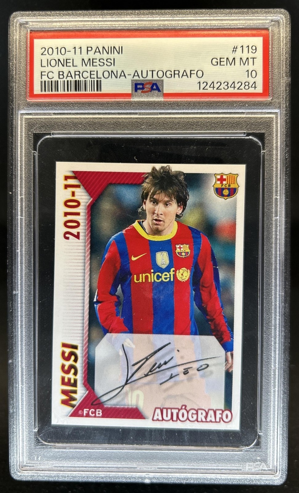 2010-11 FC Barcelona Stickers Lionel Messi Auto Unlimited Talent #119 PSA 10 view 1