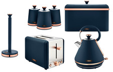 Tower Cavaletto Blue Kettle Toaster Bread Bin Canisters Kitchen Roll Holder Set