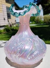 Fenton Swan Vase Iridescent Pink Sea Green Ruffle Signed George Fenton