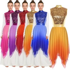 Women Gown Mesh Dancewear Irregular Dress Glittery Praise Lyrical Worship Hem