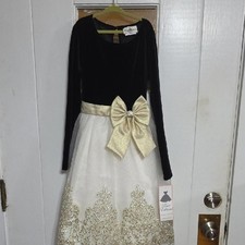 NWT Rare Editions Girls Holiday Formal Dress Black Velour Gold Accents Sz 12