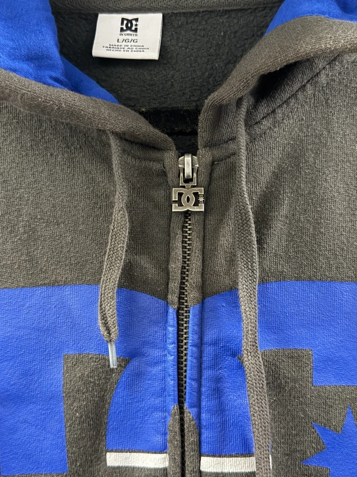 Винтажная мужская толстовка с капюшоном Y2K DC Shoes Co серая синяя на молнии большой логотип для коньков гранж - Изображение 4 из 4