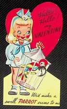 Vintage Carrington Co Valentine Card Girl with Parrot in Cage MCM Ephemera