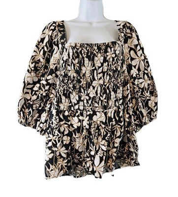 Ava & Viv Blouse Women 2XL Black Bronze Floral Babydoll Smocked Square Neck Boho