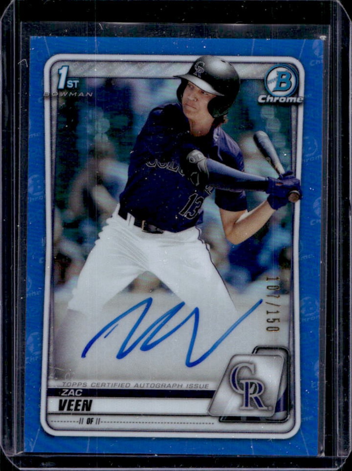 2020 Bowman Draft Zac Veen Chrome Auto 1st Prospect Blue Refractor #/150 Rockies