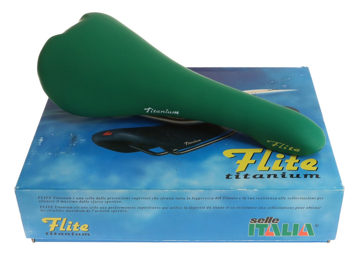 Selle Italia Flite Saddle Titanium Rails Green Leather 1990 NIB