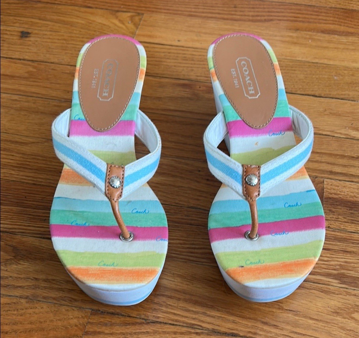 🌈 Coach Rainbow Stripe Wedge Flip Flops – Size 9 – 🌈 NWOB