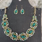 FASHION GREEN STATEMENT CRYSTALS NECKLACE EARRINGS JEWELRY CLASSY Gold Tone