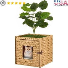 Hidden Cat Litter Box Planter Rattan Furniture W/ Litter Mat Cozy Cat House New