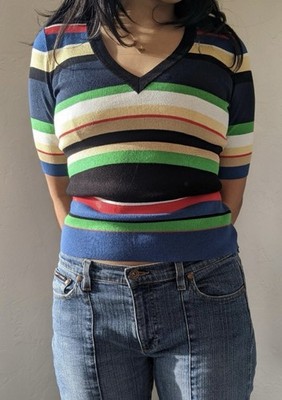 Veronica Beard Myra Striped V Neck Sweater Sz XL Colorful Designer Quite Luxury 