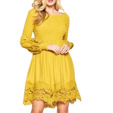 Oddy Smocked Lace Boho Dress Off Peasant Gold L