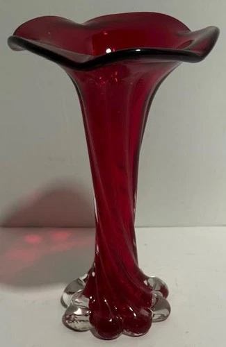 Vintage Murano Swirled Red/White Glass Vase 7 1/2"H