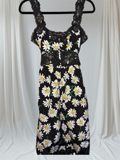 VTG Betsey Johnson Daisy Slip Dress Black White Floral Lace Trim Silk NWOT Sz 6