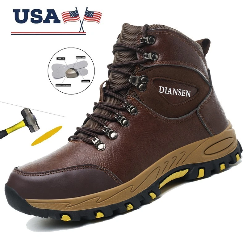 Men's Safety Work Boots Steel Toe Indestructible Waterproof Non-slip Shoes Brown