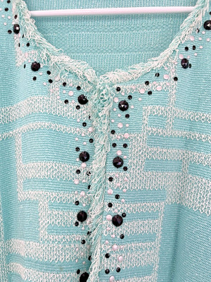 Ming Wang Jacket Cardigan Sweater Turquoise Mint Green Embellished Fringe EUC