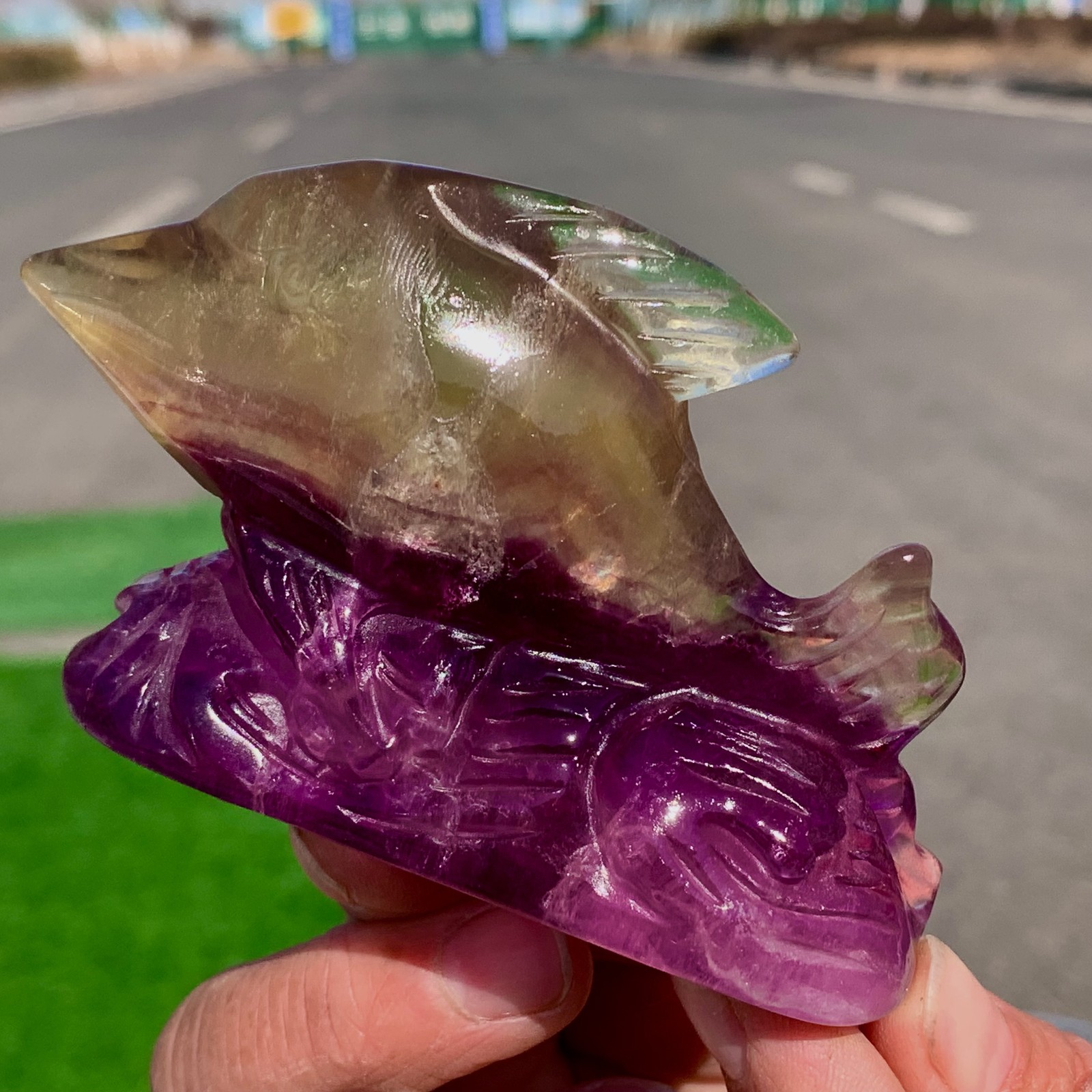 232G Natural Purple Green fluorite Handcarved dolphin Crystal Specimen