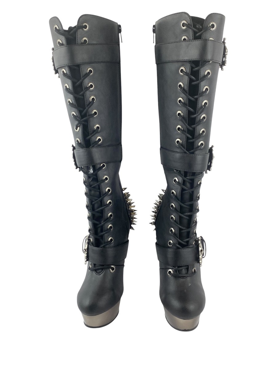 Demonia Muerto Knee High Boots Black Faux Leather Women Goth Punk
