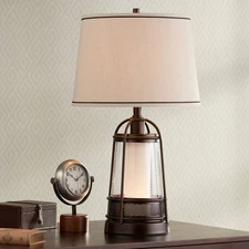 Hugh Industrial Rustic Table Lamp 26" High Bronze Dimmer LED Nightlight Bedroom