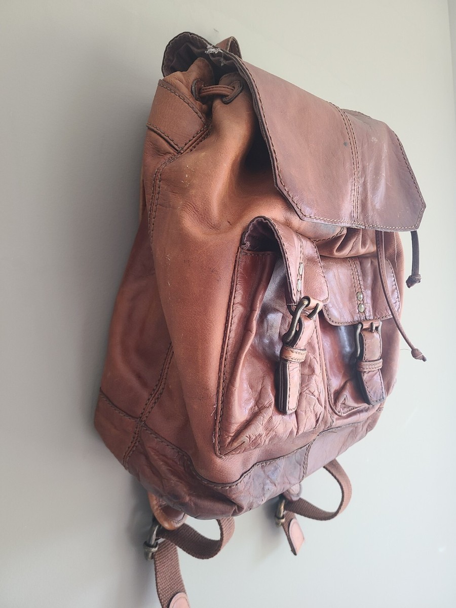 Fossil Vintage Drawstring Backpack Purse Rucksack Leather Brown