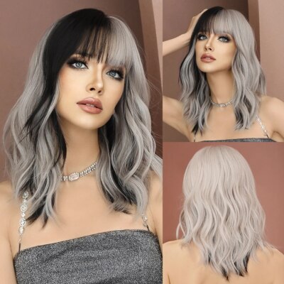 Silver Black Wavy Wig Middle Part Natural Synthetic Hair Wig  display picture 1