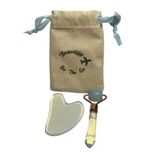 Natural Jade Gua Sha Face Roller Mini Travel Bag Balanced Mind and Body NWOT