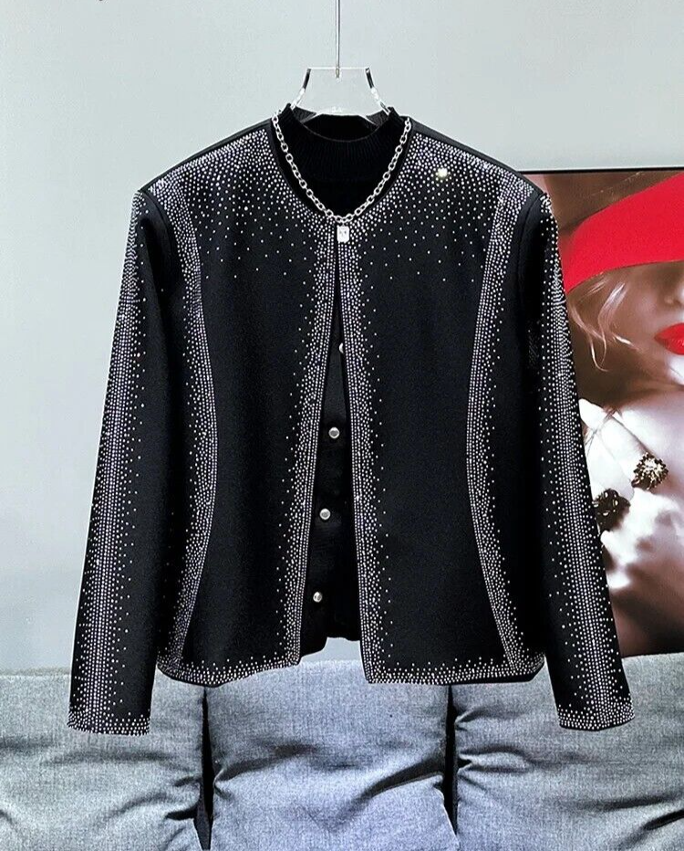 New Men Fashion Trend Blazer Bomber Rhinestones Diamond Luxury Black Jacket Coat