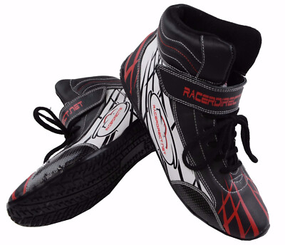 RACE SHOES MID TOP BLACK RED WHITE GRAPHICS MENS SIZE 10 / WOMENS 12  SFI 3.3/5