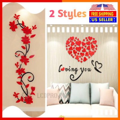 3D Rattan Flower Love Stickers for Wall Door Living Room Bedroom Decal DIY Decor