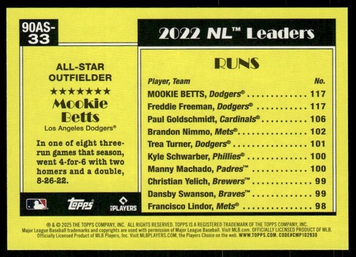 2025 Topps Series 2 Mookie Betts #90AS-33 1990 Topps All Star LA Dodgers - Picture 2 of 2