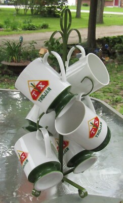 (6) Vintage TX TROJAN Advertising Coffee Mugs With Coffee Mug Tree UNUSED farm