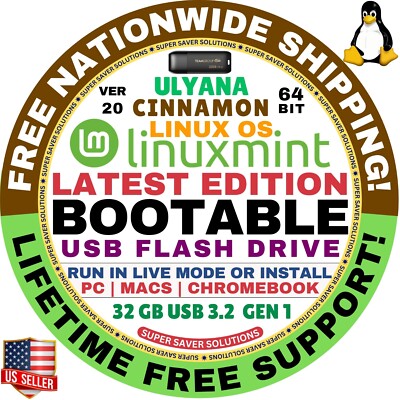 Linux MINT 20 USB Ulyana, Cinnamon 64-Bit Live Boot, Full Install MAC, PC