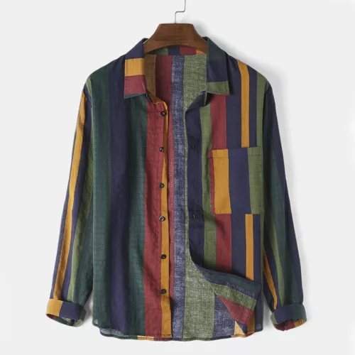 Men Striped Cotton Linen Shirt Multi Color Business Casual Long Sleeve Top - Picture 2 of 8