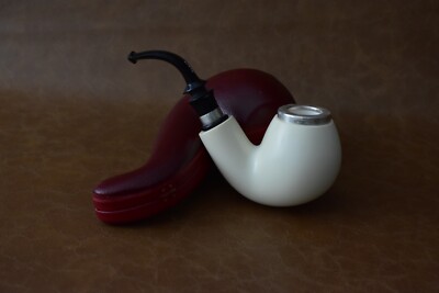 TEKIN Smooth Bent Egg Pipe BLOCK MEERSCHAUM-NEW-HAND CARVED W Case#1472 Silver