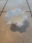 Vintage Fenton Silver Crest White Milk Glass Candy Dish Bowl Clear Ruffled Rim