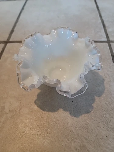 Vintage Fenton Silver Crest White Milk Glass Candy Dish Bowl Clear Ruffled Rim
