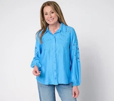 LOGO Lavish by Lori Goldstein Women's Top Plus Sz 1X Embroidered Blue A683853