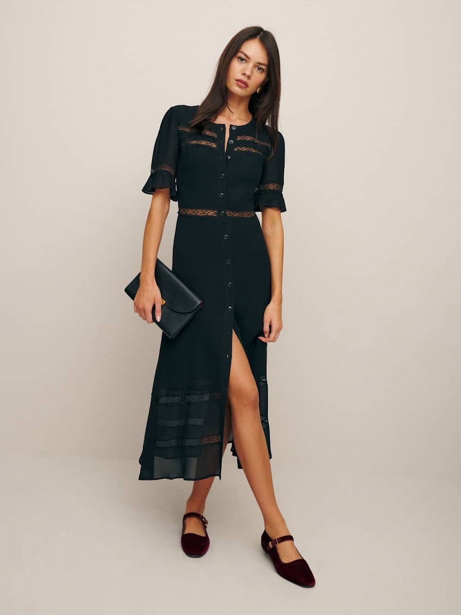 Reformation Woodson Dress Black Lace Midi Button Front Size 16 NWT